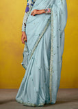 Aquatic Blue Woven Embroidered Chiffon Saree
