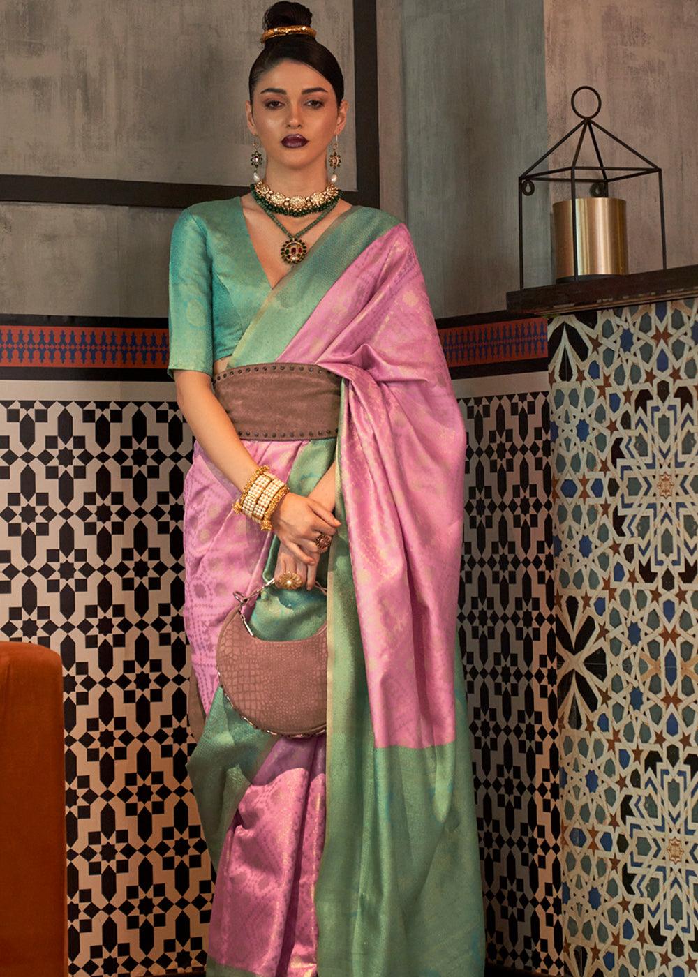 Lotus Pink And Green Woven Banarasi Silk Saree