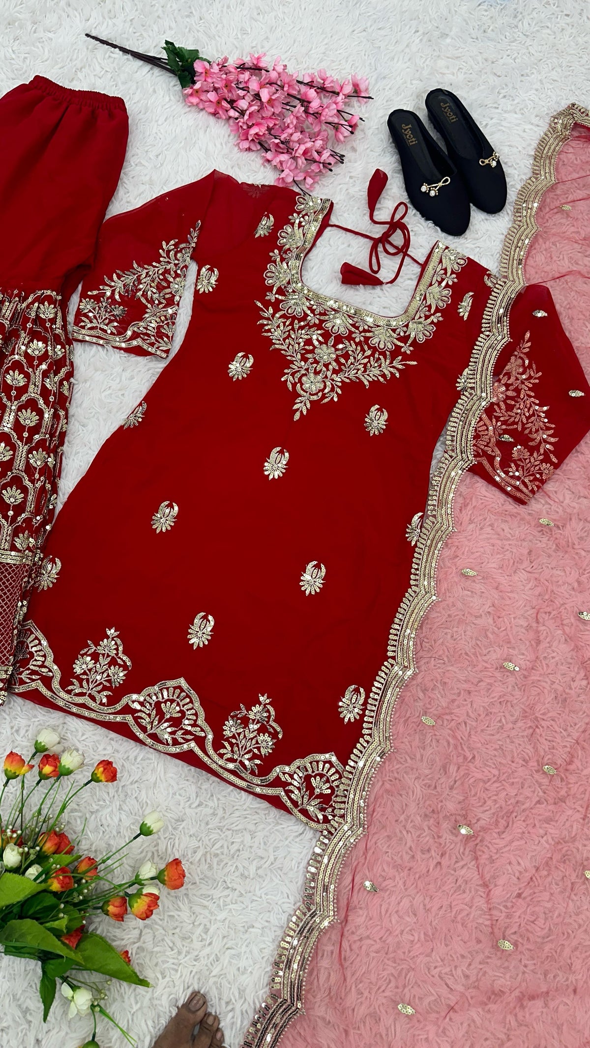 Admiring Georgette Red Color Sharara Suit