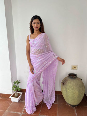 Sequence embroidery work on soft georgette saree -Georgette Saree Pink women's fashion mart