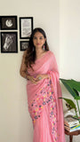 Multi Thread Embroidery Border Sequence Work Saree -Georgette Saree Pink women's fashion mart