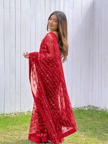 Baren Red Colour Sequence Thread Work On Net Saree -Net Saree Red women's fashion mart