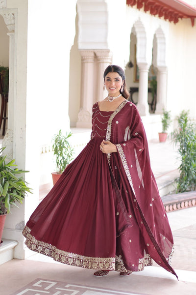 Designer Vichitra Silk Sequin Embroidered Gown with Dupatta for Wedding & Party Wear