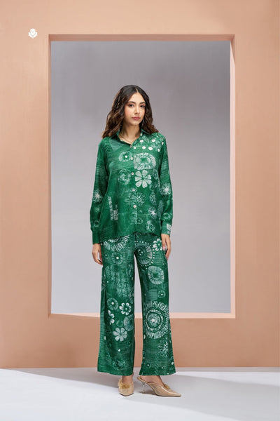 Dark Green Designer Pure Muslin Silk Floral Co Ord Set