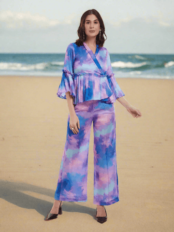 Multi color Modal Satin pleated top and pant style co-ord - women's fashion mart
