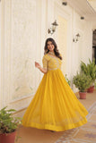 Yellow colour embroidery sequence work gown -Designer Suit M / Yellow women's fashion mart