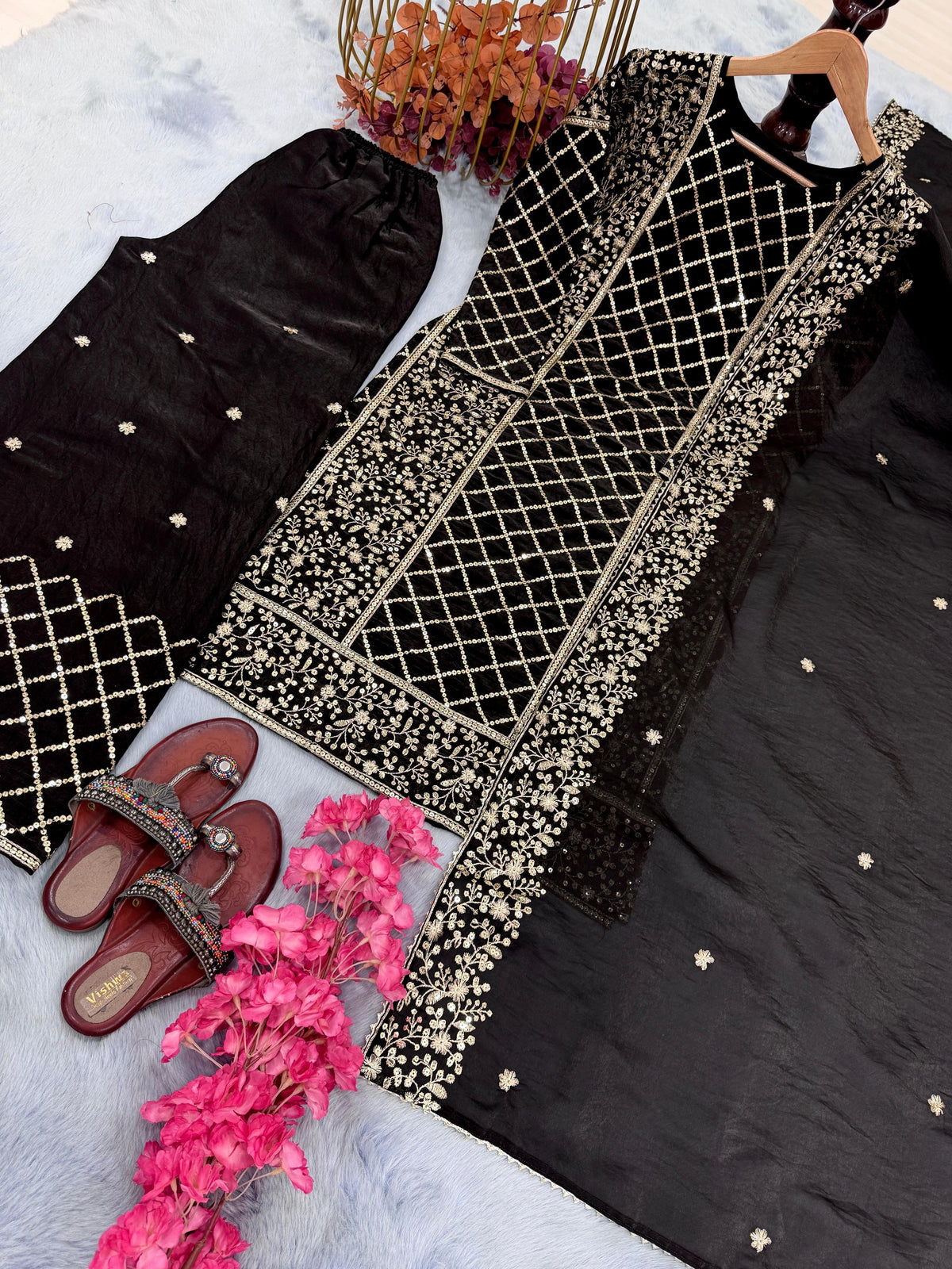 Admiring Embroidery Work Black Color Palazzo Suit