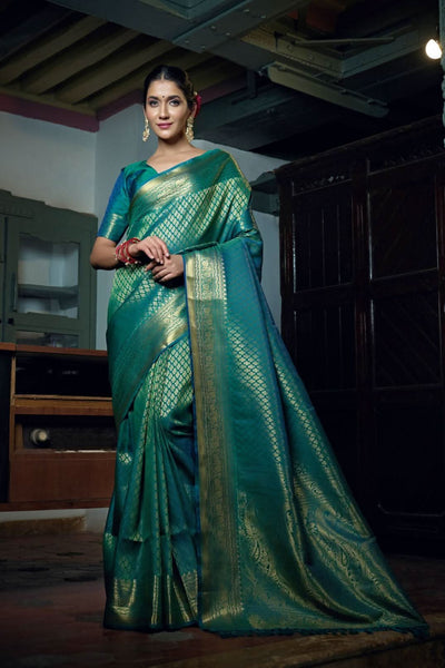 Teal Green Kanjivaram Art Silk Saree - Default Title women's fashion mart
