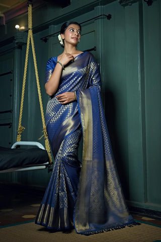 Navy Blue Kanjivaram Art Silk Saree - Default Title women's fashion mart