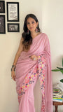 Multi Thread Embroidery Border Sequence Work Saree -Georgette Saree Peach women's fashion mart