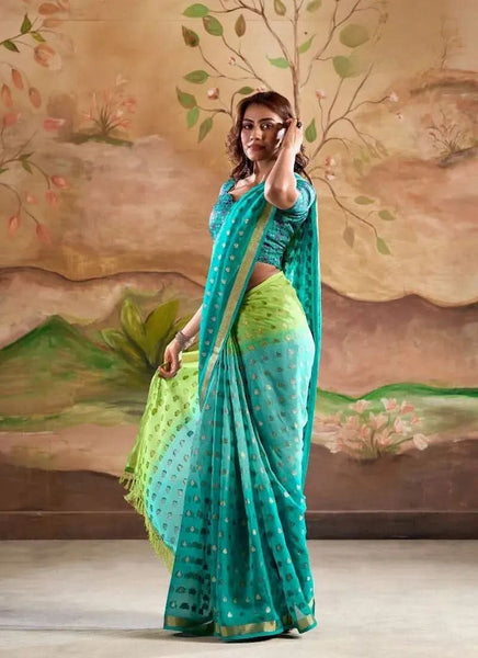Digitally Printed Zari Weaving Georgette Silk Saree in Sea Green - women's fashion mart