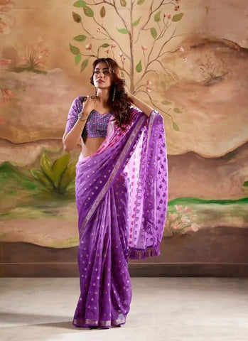 Digitally Printed Zari Weaving Georgette Silk Saree in Purple - women's fashion mart