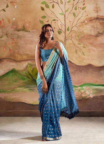 Digitally Printed Zari Weaving Georgette Silk Saree in Sky Blue - women's fashion mart