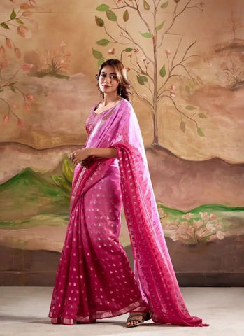 Digitally Printed Zari Weaving Georgette Silk Saree in Pink - women's fashion mart