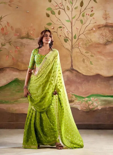 Digitally Printed Zari Weaving Georgette Silk Saree in Lime Green - women's fashion mart