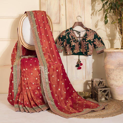 Unique Cording Embroidery Work Orange Color Saree