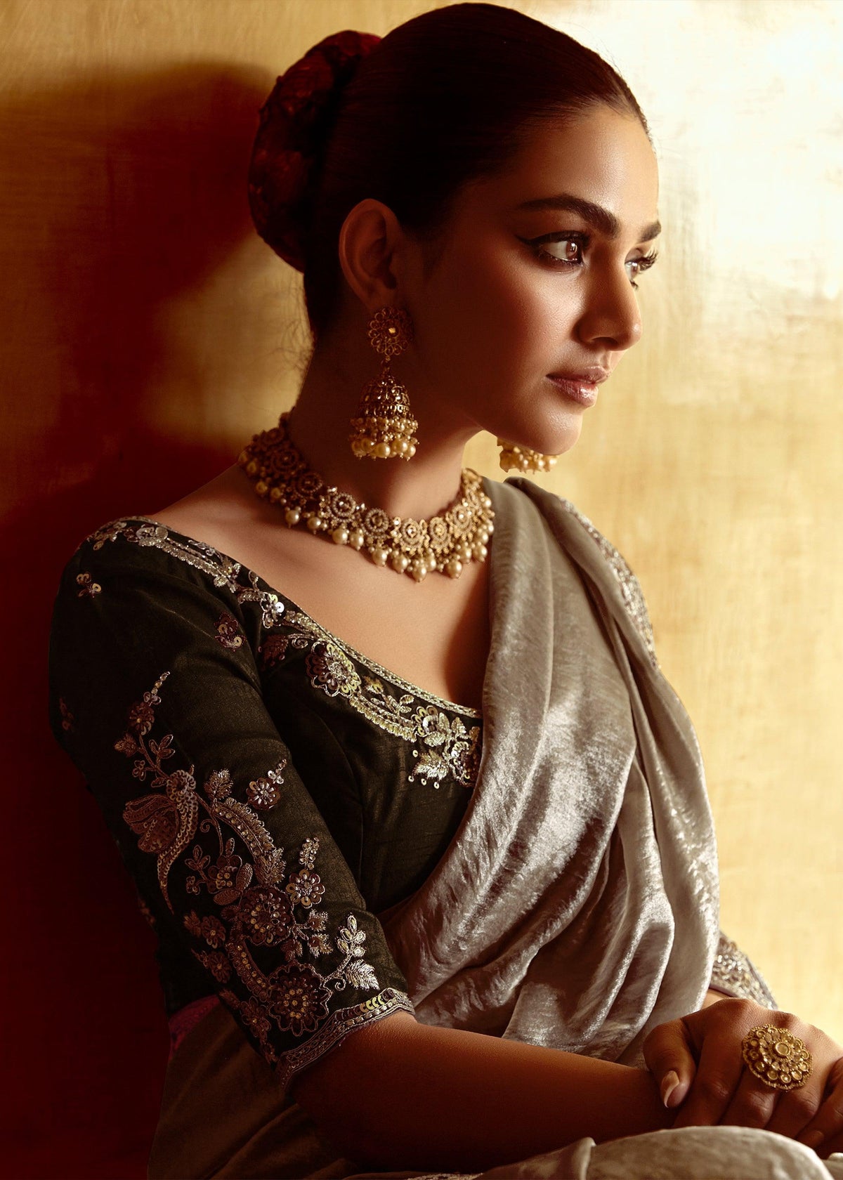 Silver Grey Heavy Embroidered Designer Silk Saree