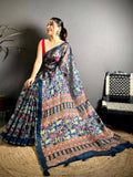 Navy Kota Doriya Kalamkari Print Saree