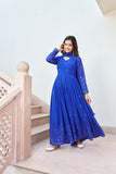 Royal Blue Embroidered Work Gown With Dupatta Set - women's fashion mart