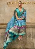 Aqua Blue Printed Satin Silk Saree