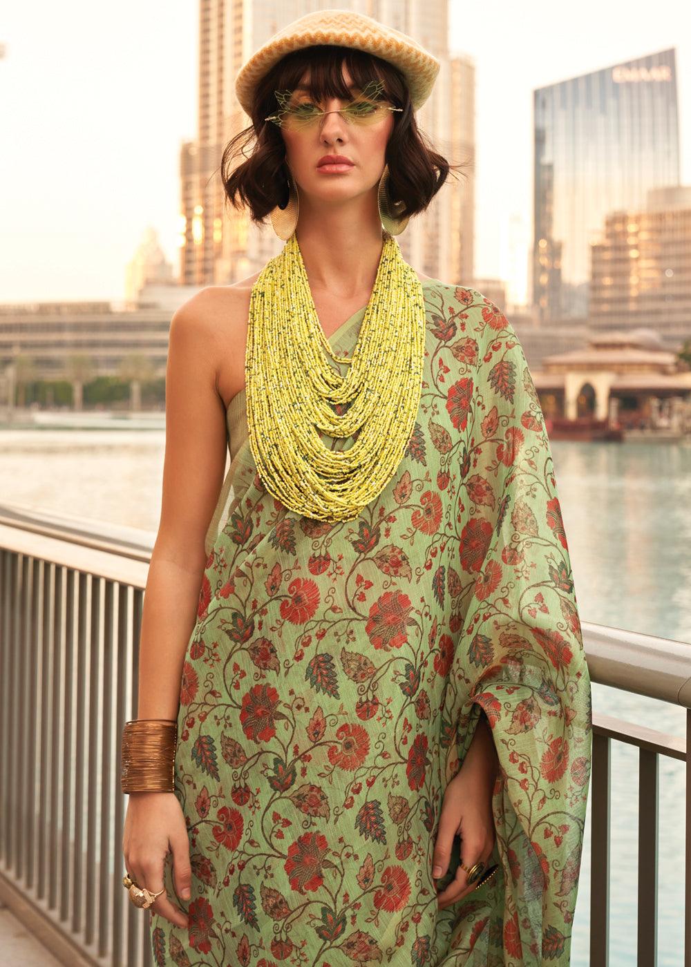 Pistachio Green Printed Tissue Banarasi Silk Saree