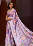 Lavender Purple Floral Printed Satin Silk Saree