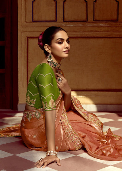 Apricot Peach Heavy Embroidered Designer Silk Saree