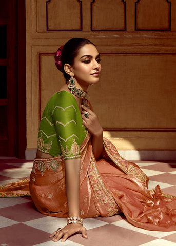 Apricot Peach Heavy Embroidered Designer Silk Saree