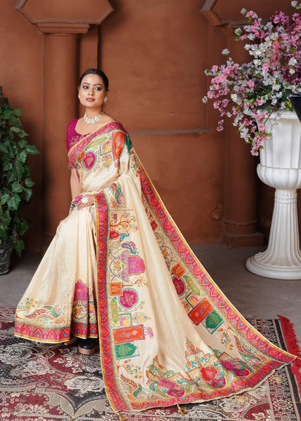 Winter White Woven Embroidered Silk Saree