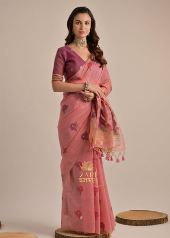 Cherry Pink Woven Cotton Silk Saree