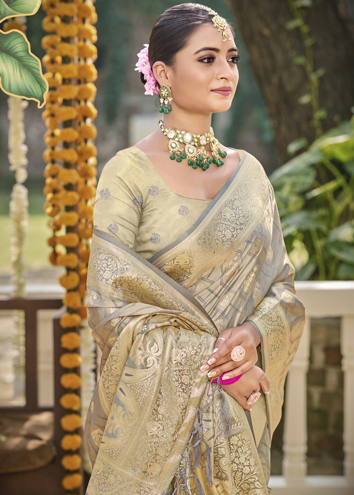 Moss Grey Woven Banarasi Satin Silk Saree