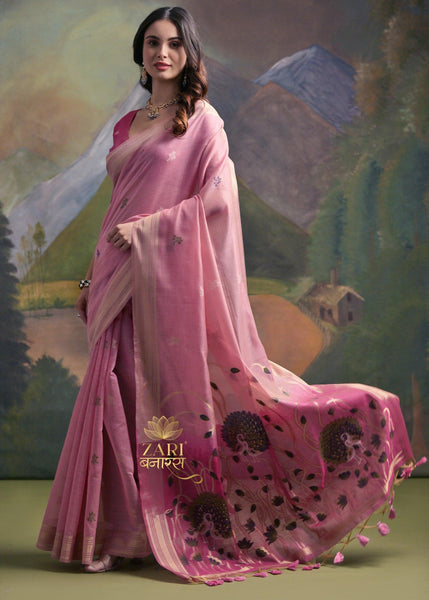 Blush Pink Woven Cotton Silk Saree