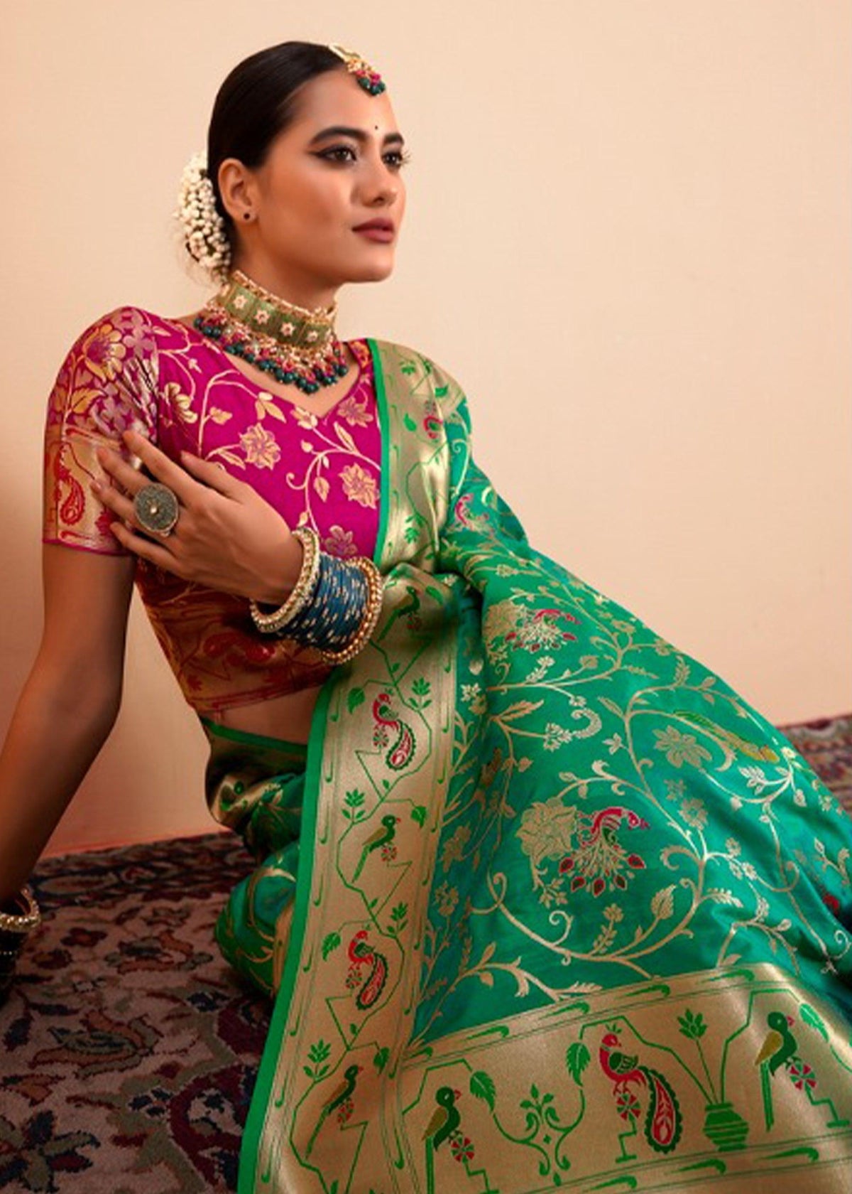 Ming Green Woven Paithani Silk Saree With Contrast Blouse