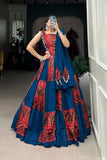 Blue Designer Printed With Foil Work Ready Made Navratri Lehenga Choli