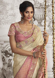 Cream And Pink Heavy Embroidered Designer Silk Saree