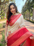 Cream Colour Double Border Chex Weaving Banarasi Soft Silk Saree  women's fashion mart