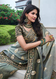 Antique Green Heavy Embroidered Designer Silk Saree