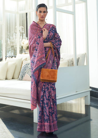 Indian Blue Lucknowi Chikankari Woven Silk Saree