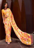 Sunny Yellow Floral Printed Satin Silk Saree
