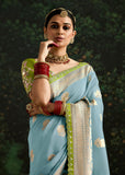 Aruba Blue Woven Banarasi Designer Silk Saree With Embroidered Blouse