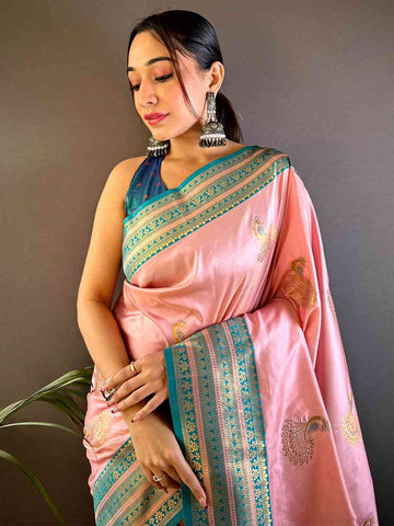 Baby Pink Soft Silk Kanjivaram Saree  women's fashion mart