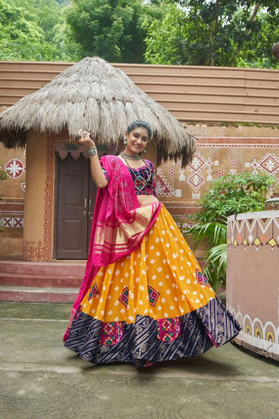 Yellow Embroidered And Mirror Work With Printed Lehenga Choli - women's fashion mart
