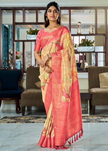 Yellow And Pink Woven Banarasi Soft Silk Saree With Digital Print