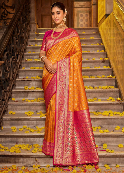 Aamras Yellow Woven Banarasi Silk Saree With Brocade Blouse