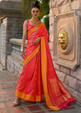 Vibrant Peach Woven Banarasi Soft Silk Saree