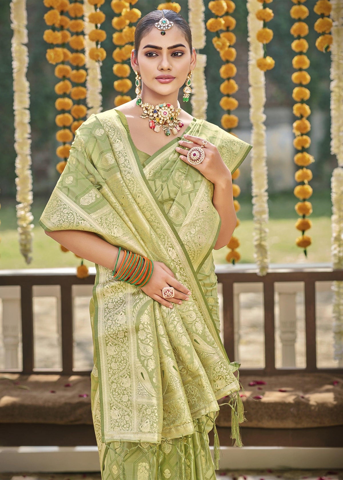 Grass Green Woven Banarasi Satin Silk Saree