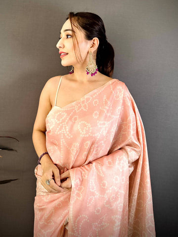 Peach Kalamkari Bandhej Tussar Saree