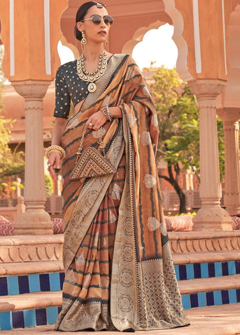 Deep Brown Printed Banarasi Soft Silk Saree With Digital Print