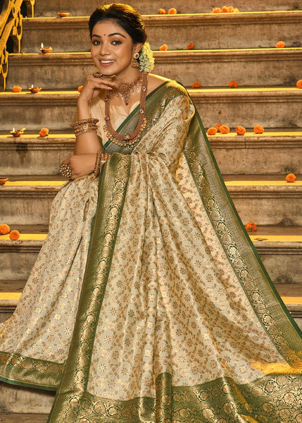 Beige Woven Banarasi Brocade Silk Saree With Overall Jaal