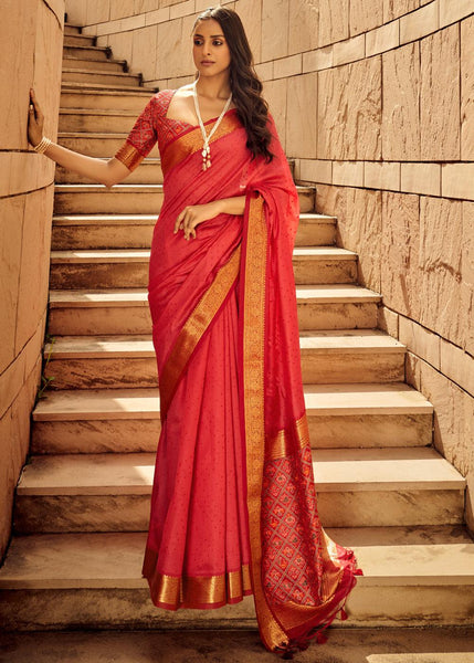 Cherry Red Woven Banarasi Patola Silk Saree